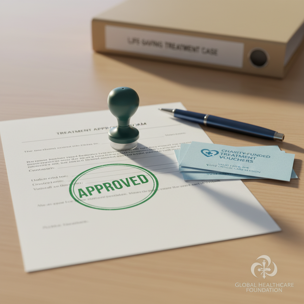 A close, detailed photographic shot of a neatly arranged medical document set on a smooth, pale wooden surface: a treatment approval form stamped with a bold green “approved” mark, beside a high-quality blue pen, a small stack of charity-funded treatment vouchers, and a discreet logo of a healthcare foundation in the corner. Natural afternoon light from the right side casts soft, elongated shadows, adding depth and warmth without harsh contrast. In the background, gently blurred, a closed file folder labeled “Life-saving Treatment Case” rests partially visible. The composition focuses tightly on the approval stamp and vouchers, using a shallow depth of field to guide the viewer’s eye. The mood is hopeful, professional, and quietly celebratory, symbolizing successful connection of a patient to critical care.