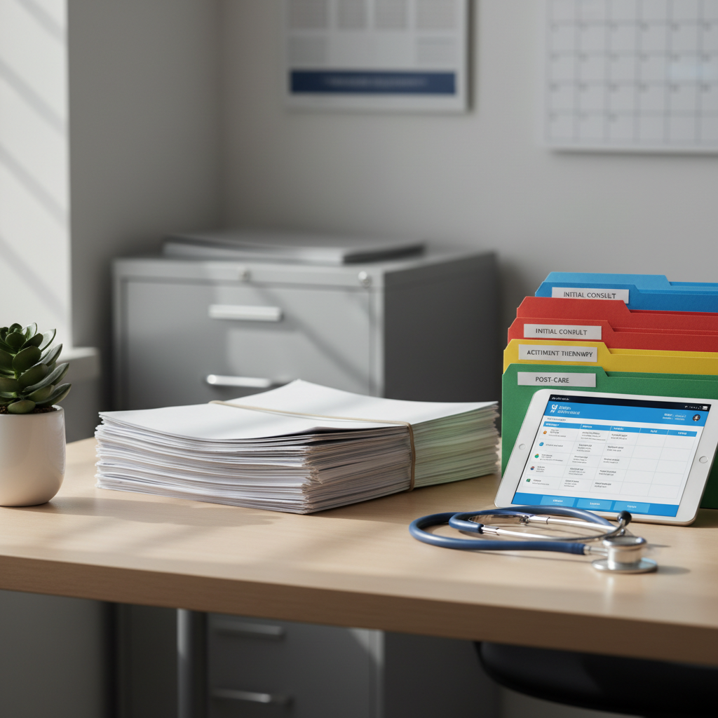 A meticulously organized medical treatment coordination desk with neatly stacked patient files, a silver stethoscope resting beside a modern tablet displaying a clean, blue-and-white health dashboard, and color-coded folders labeled for different treatment stages. The desk surface is a light wood laminate, uncluttered and professional, with a small green plant adding a touch of life. Soft daylight enters from an unseen window to the left, creating gentle, natural highlights and faint shadows that suggest calm efficiency. Photographic realism with an eye-level composition, shallow depth of field subtly blurring a tidy bank of filing cabinets and a wall calendar in the background. The mood is reassuring, trustworthy, and highly organized, emphasizing life-saving medical coordination without showing any people.