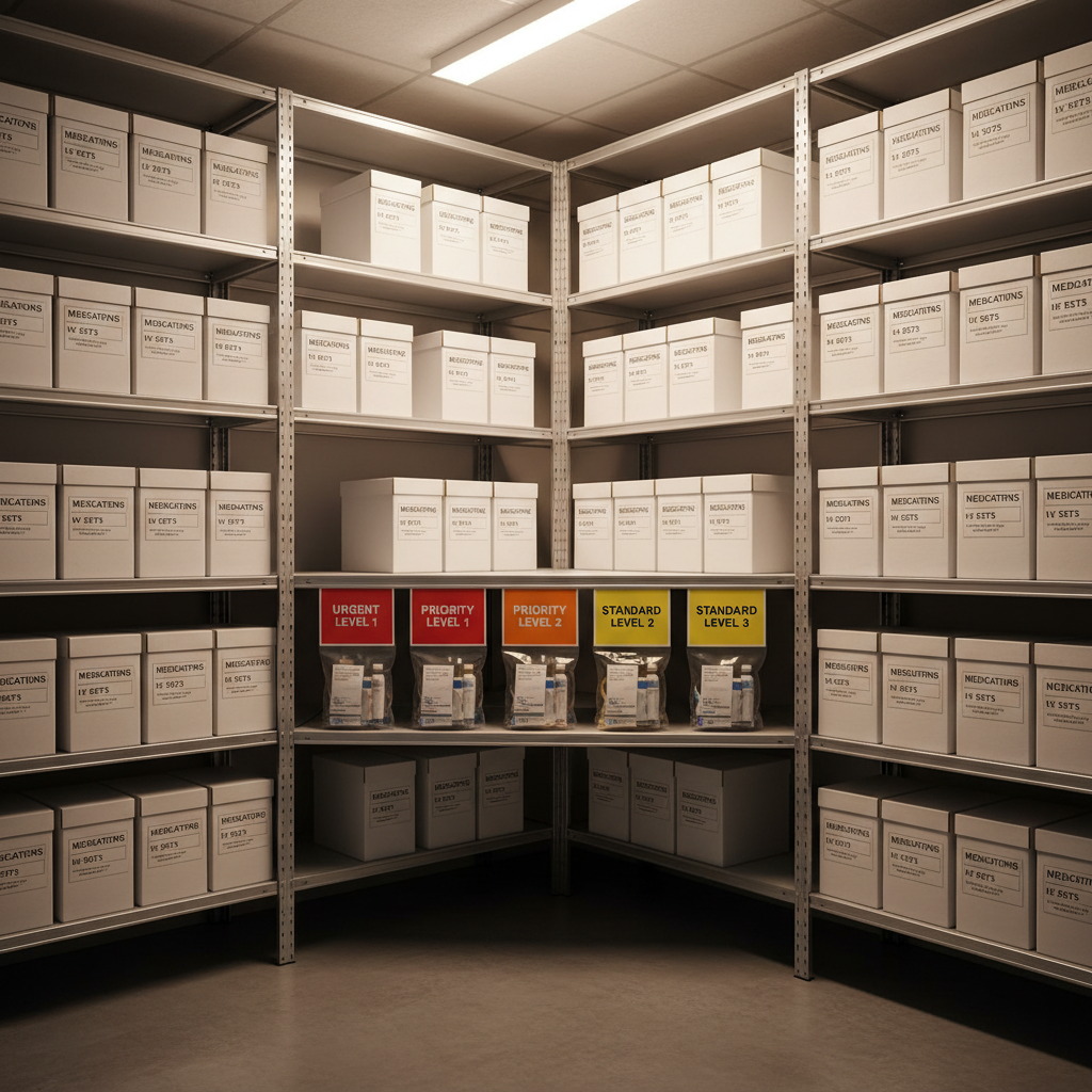 A warmly lit storage room corner dedicated to medical charity supplies, with meticulously arranged shelves holding labeled boxes of medications, IV sets, and diagnostic kits, each package pristine and clearly marked. A central open shelf displays a row of sealed, transparent bags containing essential life-saving treatment packs, organized by urgency level and color-coded tags. Overhead fluorescent lighting is softened by the camera exposure, creating a clean, clinical glow with gentle shadows that emphasize depth. The photographic composition is shot from a slightly elevated angle, showing the full height of the shelving and the tidy floor below. The atmosphere conveys reliability, readiness, and hope, underscoring how well-managed resources stand ready to support patients in need without depicting any people.