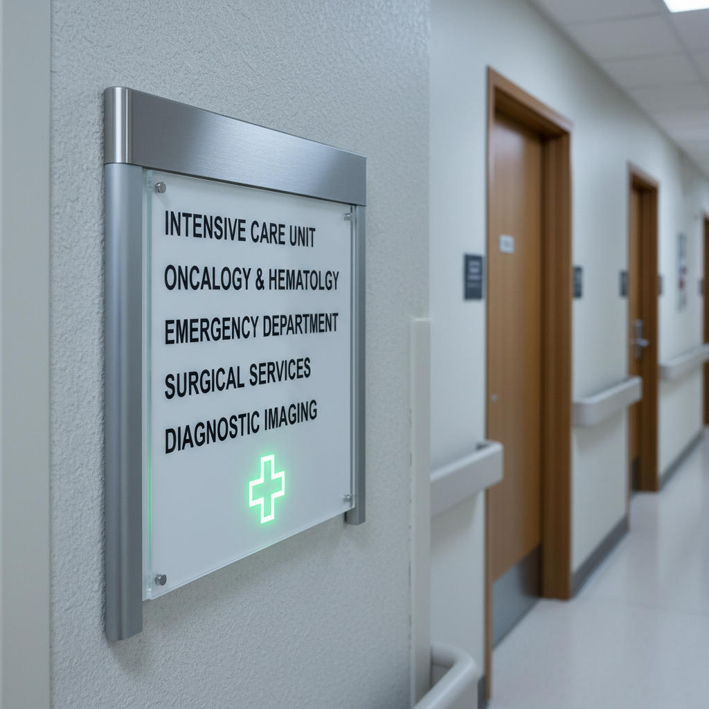 A close-up photographic image of a polished hospital corridor signboard mounted on a light gray wall, listing critical departments such as intensive care, oncology, and emergency in crisp, legible typography. The sign is made of brushed aluminum with clear acrylic panels, accented by a subtle green cross icon symbolizing care and support. Cool, diffused overhead lighting creates soft reflections along the metal edges, with a slightly out-of-focus corridor stretching into the distance, lined with closed doors and safety handrails. The composition uses the rule of thirds, placing the sign prominently while maintaining depth and perspective. The atmosphere feels calm, safe, and professionally managed, highlighting the pathway that connects patients to vital, life-saving treatments without including any human figures.
