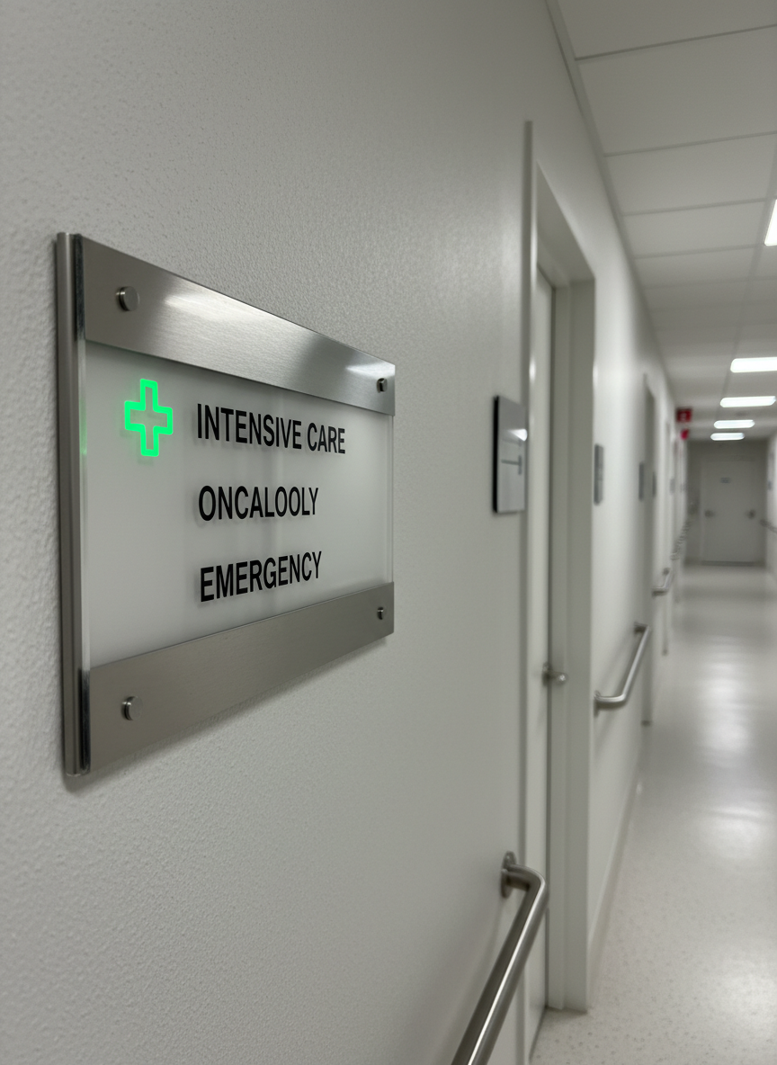 A close-up photographic image of a polished hospital corridor signboard mounted on a light gray wall, listing critical departments such as intensive care, oncology, and emergency in crisp, legible typography. The sign is made of brushed aluminum with clear acrylic panels, accented by a subtle green cross icon symbolizing care and support. Cool, diffused overhead lighting creates soft reflections along the metal edges, with a slightly out-of-focus corridor stretching into the distance, lined with closed doors and safety handrails. The composition uses the rule of thirds, placing the sign prominently while maintaining depth and perspective. The atmosphere feels calm, safe, and professionally managed, highlighting the pathway that connects patients to vital, life-saving treatments without including any human figures.