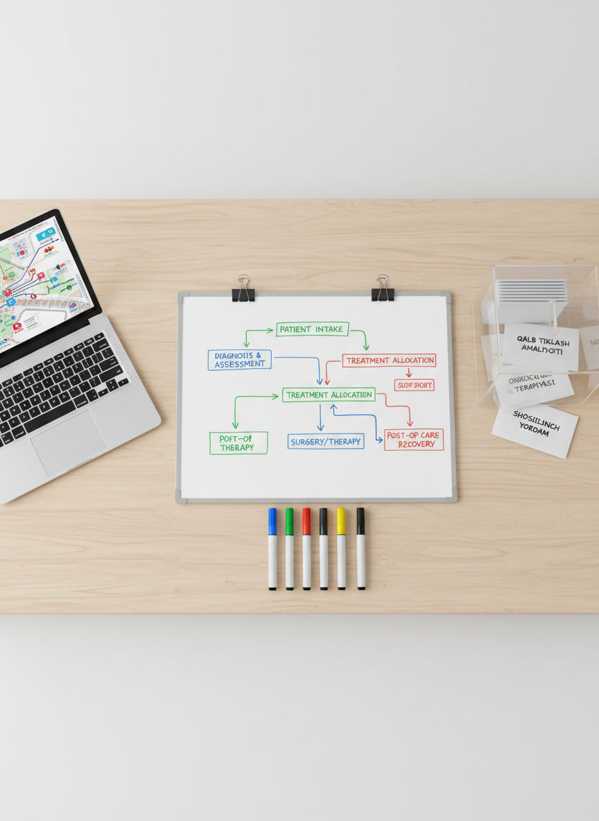 An overhead photographic view of a clean, minimalist planning table for a charitable medical program, featuring a large whiteboard-style paper with a neatly drawn treatment pathway diagram, colored markers arranged in a precise row, and a laptop open to a schematic of a hospital network map. Nearby, a donation box with a transparent front reveals neatly stacked envelopes labeled for various life-saving therapies. Soft, even studio lighting eliminates harsh shadows, enhancing the crisp clarity of every item on the table. The composition is balanced and spacious, with plenty of white space conveying clarity and order. The mood is strategic yet compassionate, emphasizing structured coordination in tibbiy xayriya and the careful organization required to link patients with critical care.