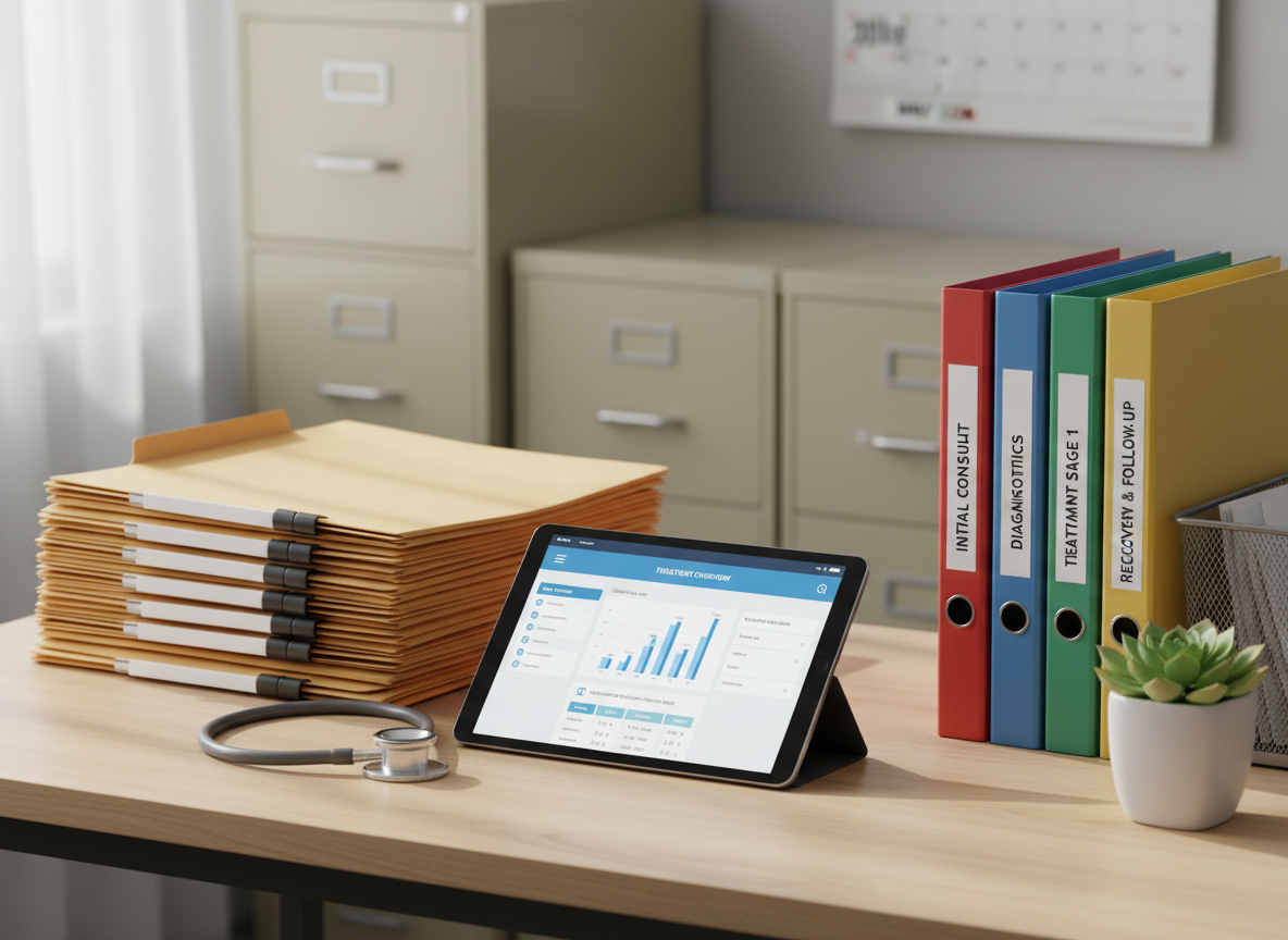A meticulously organized medical treatment coordination desk with neatly stacked patient files, a silver stethoscope resting beside a modern tablet displaying a clean, blue-and-white health dashboard, and color-coded folders labeled for different treatment stages. The desk surface is a light wood laminate, uncluttered and professional, with a small green plant adding a touch of life. Soft daylight enters from an unseen window to the left, creating gentle, natural highlights and faint shadows that suggest calm efficiency. Photographic realism with an eye-level composition, shallow depth of field subtly blurring a tidy bank of filing cabinets and a wall calendar in the background. The mood is reassuring, trustworthy, and highly organized, emphasizing life-saving medical coordination without showing any people.